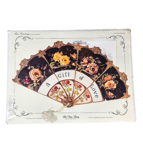 NIB Vintage Old Print Factory Greeting Card Hand Fan Victorian Roses Tassel Repo - Picture 1 of 6